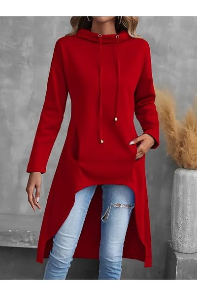 Moka Shopin Mokashopin Women's Long Sleeve Wide Flowy Neck Hemline Reverse U Two Thread Tunic