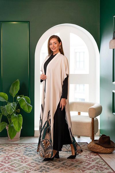 YAFA CLOTHING & ACCESSORIES Set de abaya și salopete cu imprimeu etnic negru-ecru
