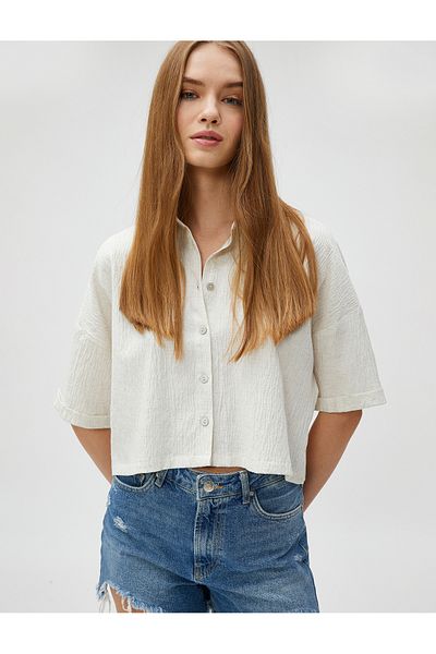 Koton Crop Shirt Buttoned viskózová směs s texturou