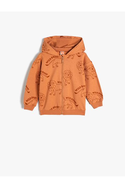 Koton Hooded Sweatshirt Zippered Printed Long Sleeve Cotton