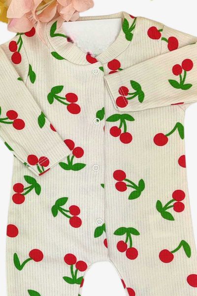 dinamik çocuk Baby Girl Big Cherry Report Printed Baby Romper with Ribbed Snaps Newborn 100% Cotton 1-3-6 Months