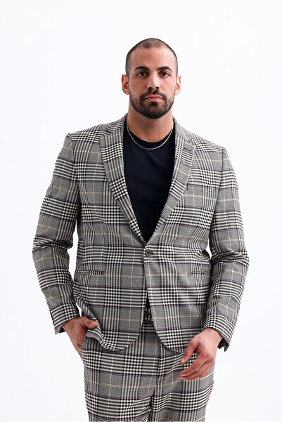 Koch London Erkek Modern Battal Beden Büyük Boy Blazer Ceket - Gri Ekose Dese...