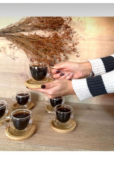 Snow Homs 6-Piece Bamboo Plate Double Walled Coffee Set Cup Dowry Cup Glass Mug