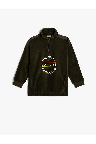 Koton Polar Sweatshirt Oversize Half Zipper Stand Collar Pocket Print Detailed