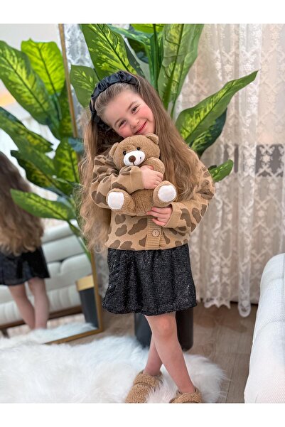 GÖKJOY BUTİK Premium Qualité - Leopard Print Knitwear Cardigan, Glitter Skirt and Long Sleeve Bady Detailed 3 Piece Set