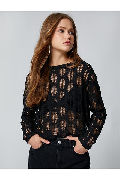 Koton Long Sleeve T-Shirt Knitwear Openwork Crew Neck