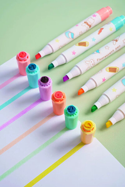 Modellino 6'lı Mühür Baskı Kapaklı Fluorescent Stamp Damgalı Pastel Fosforlu Kalem