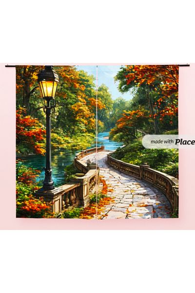 Elmas Dizayn 3D Digital Printed 140cm*240 Double Winged 2Pcs Background Curtain - Landscape, Tree, Green