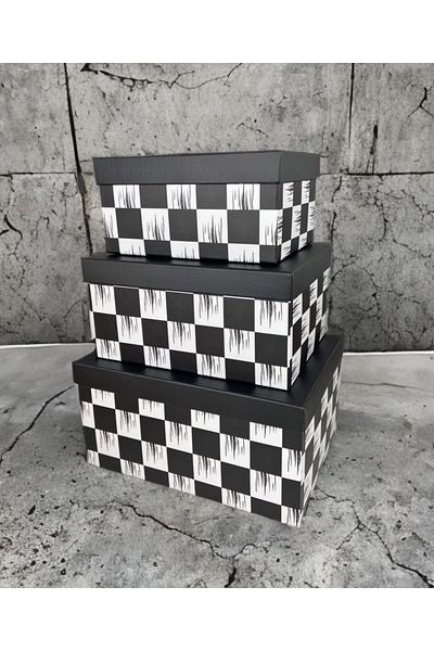 PEKİBU Large 3-Piece Checkerboard Patterned Box Set