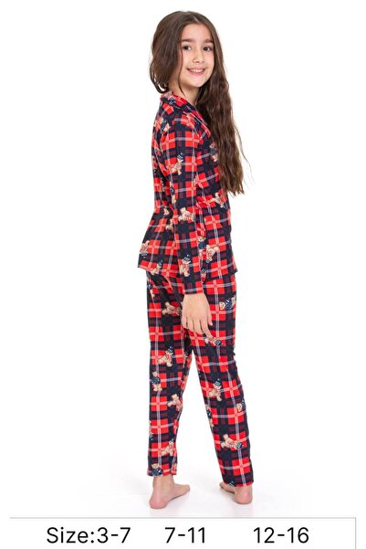 ARBİ kids Kız çocuk ayıcık desenli kareli düğmeli pijama takımı