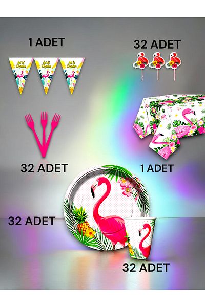 VibeHome Flamingo Themed Premium Set for 32 - Birthday Party and Fun Events
