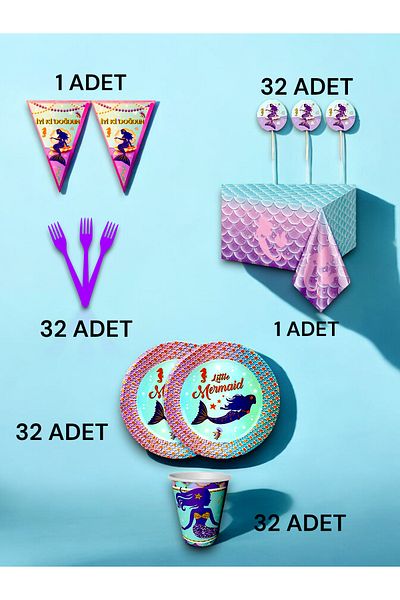 VibeHome Mermaid Themed Premium Set for 32 - Birthday Party and Fun Events