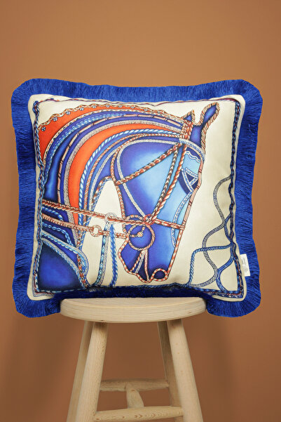 Alseko Concept Калъфка за възглавница с пискюл и шарка на саксофон, син кон, ...