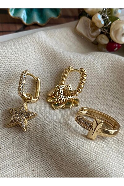 SU PERİSİ TAKI BİJUTERİ Gold Marka Model Kalp ve Yıldız Detaylı 3 lü Set Küpe