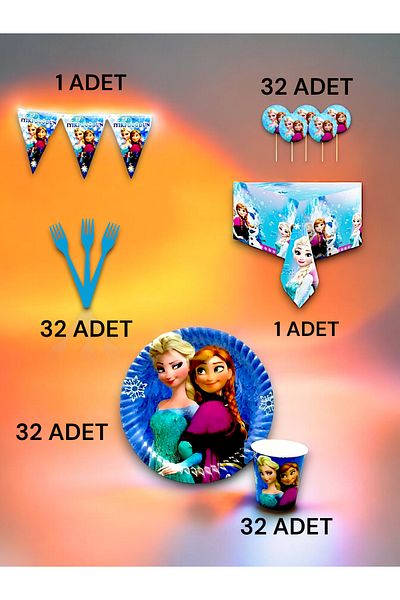 VibeHome Frozen Themed Premium Set for 32 - Birthday Party and Fun Events