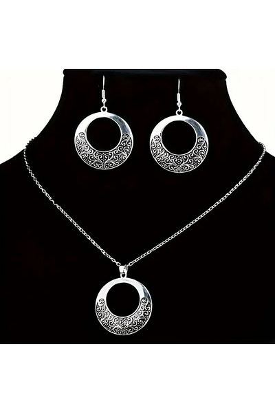 Store Vintage Style Flower Carved Motif Necklace Earring Set