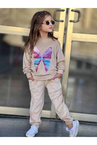 sinmm Butterfly Pul Embroidered Velvet Bottom-Top Girl's Tracksuit Set Sweatshirt