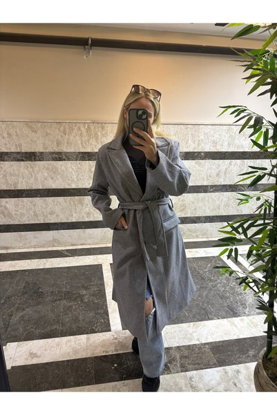 Garamak Trend Kadın Uzun Kuşaklı Kaban