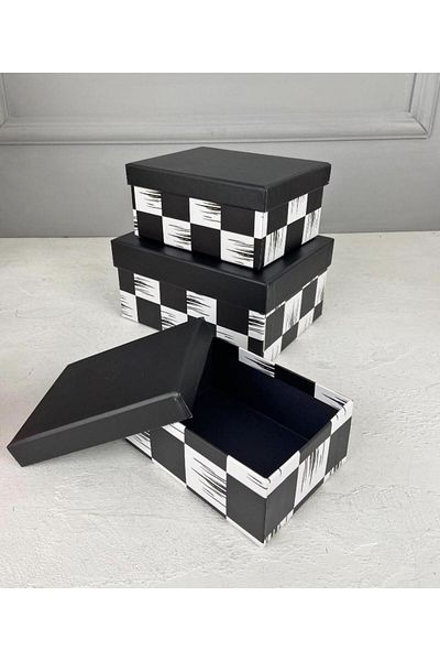 PEKİBU Small Checkerboard Patterned Set of 3 Decorative Boxes