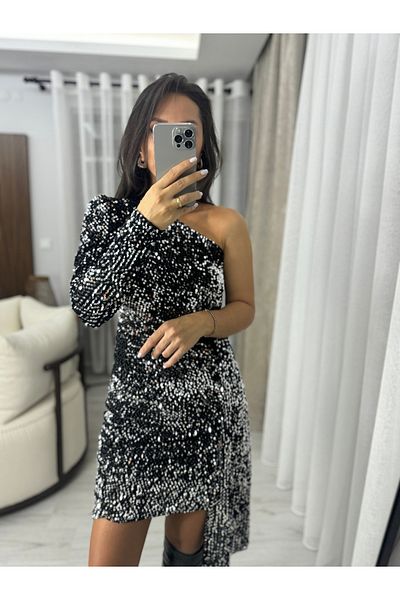 caddstore Silver Sequined One Shoulder Dress