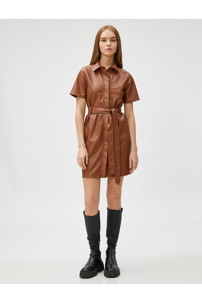 Koton Δερμάτινο φόρεμα Μίνι με ζώνη πουκάμισου γιακά
