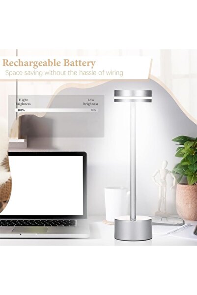 Taimi Wireless Table Lamp, Slim Angle, Integrated LED, Aluminum, Silver