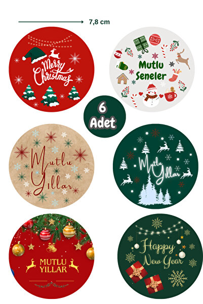 Dekals 6 Adet Büyük Boy Noel Temalı Hediye Poşeti Etiketi, Yapışkanlı Sticker-7,8cm