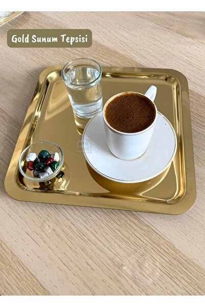 Olca 6 Adet Kare Gold Paslanmaz Çelik Kahve Servis Sunum Tepsisi (21 X 21 CM)