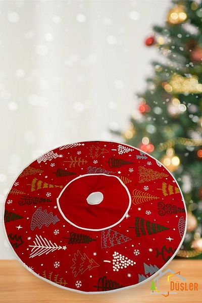 DÜŞLER EV TEKSTİLİ New Year's Red Pine Tree - Foot Carpet, Cover and Skirt Velcro, Washable