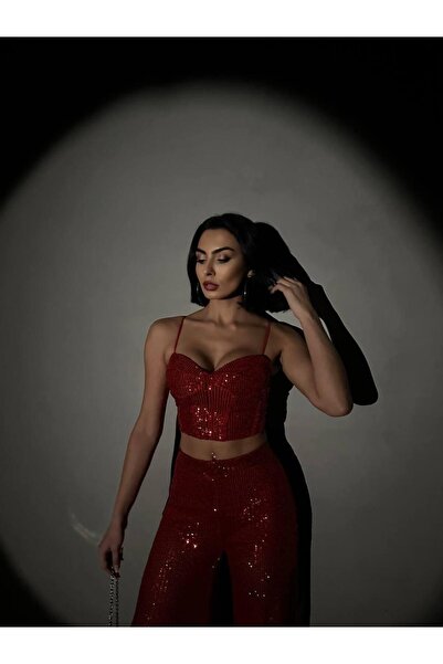 novalook Kırmızı Crop Bluz Pantolon Pul Payetli Takım