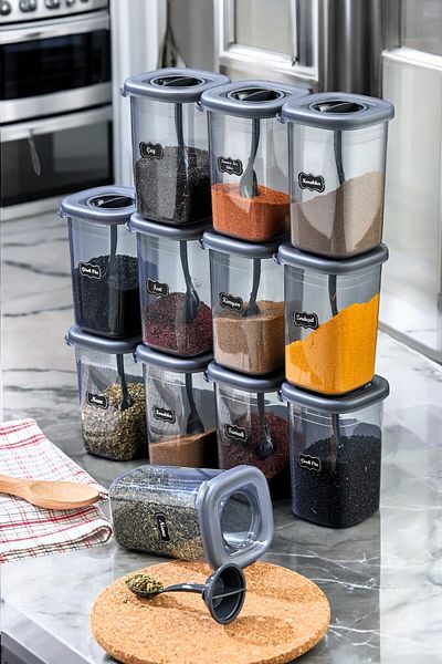 FBZhome Set de 12 recipiente pentru condimente cu capacitate de 450 ml - Recipient de depozitare cu etichete