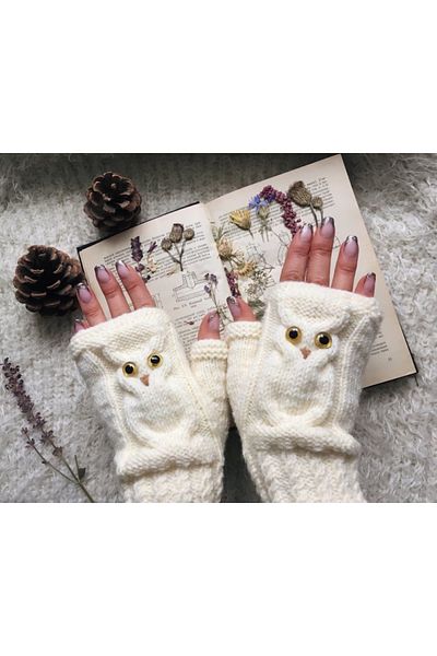 YOS TREND Women's Fingerless Half Gloves with Owl Detail – Handmade and Organic Design (10 Color Options)