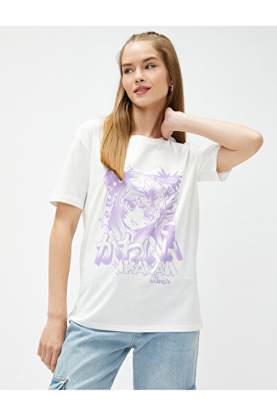Koton Anime T-Shirt με στάμπα με λαιμόκοψη με κοντό μανίκι βαμβακερό