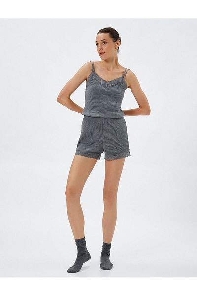Koton Spitzen-Pyjama-Oberteil, dünne Träger, gerippt