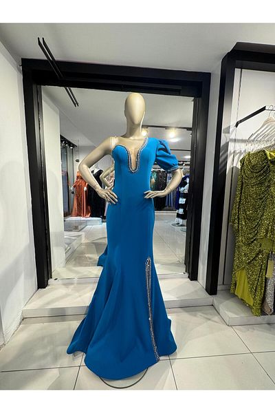 Robes Γυναικείο βραδινό φόρεμα με μονό μανίκι με μαργαριτάρια και πέτρα με λεπτομέρεια κομψό σχέδιο