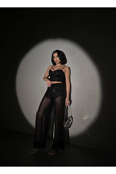 novalook Siyah Crop Bluz Pantolon Pul Payetli Takım