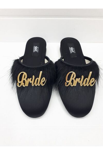 GC Terlikler Bride Bridal Heelless Goose Feather Slippers Black-Gold Written
