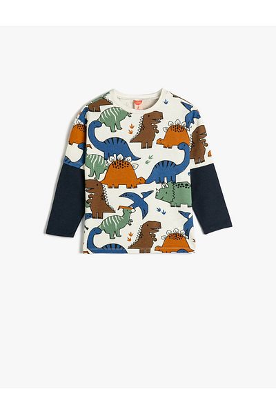 Koton Dinosaur Sweatshirt Crew Neck Long Sleeve Color Blocked Cotton