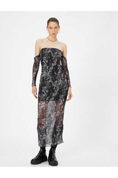 Koton Transparentes, trägerloses Maxikleid, gefüttert, mit Gothic-Motiv, bedruckt