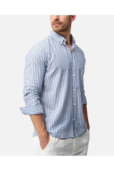 Piola Club Ανδρικό πουκάμισο Blue Slim Fit - Βαμβακερό, Λινό Πέτο, Ρίγες με Κουμπιά