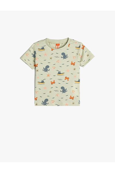 Koton Octopus Printed Short Sleeve T-Shirt Crew Neck Cotton