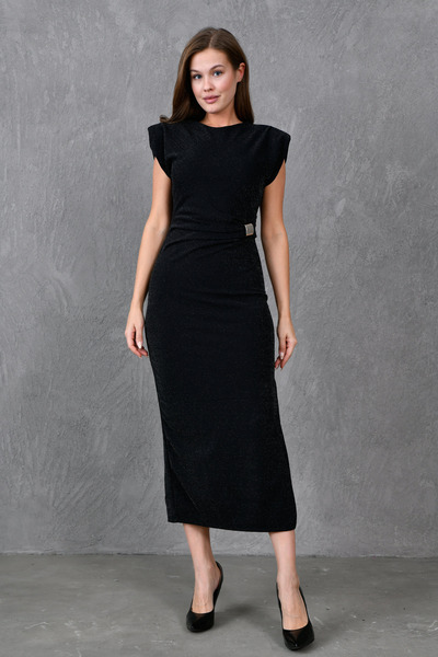 bayansepeti Black Glitter Fabric Buckle Design Padded Sleeveless Midi Dress 4434