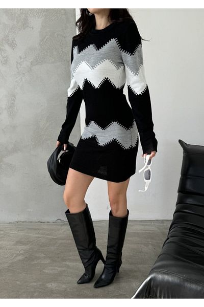 JANES Women's Long Sleeve Zigzag Pattern Knitwear Dress