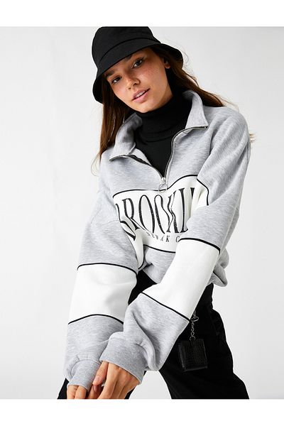 Koton Oversize Sweatshirt High Collar Zippered Inside Fleece