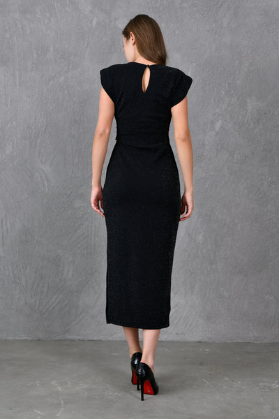 bayansepeti Black Glitter Fabric Buckle Design Padded Sleeveless Midi Dress 4434