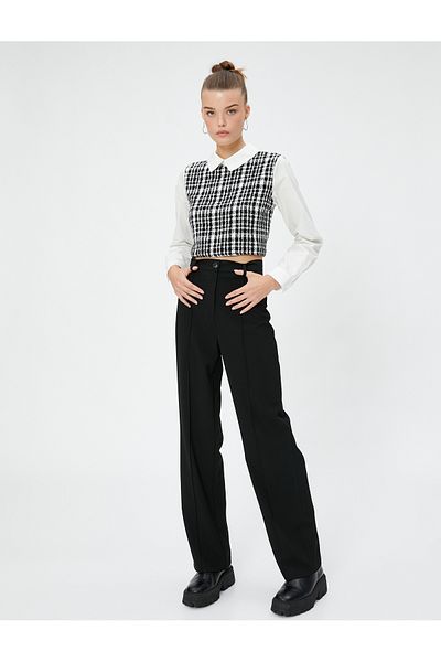 Koton Fabric Trousers Straight Leg Ribbed Pocket Detailed