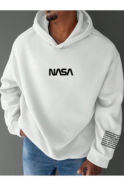 BukuriCO Men's 3 Thread Cotton Front Nasa Printed Sleeve Detail Oversize Hooded Sweatshirt