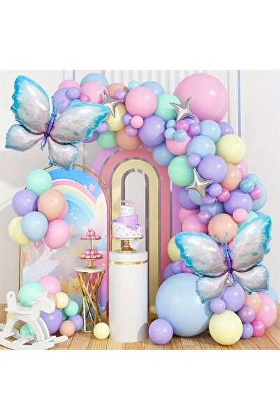 DÜVENCİ TİCARET KARIŞIK MAKARON RENK KELEBEK FOLYO BALONLU BALON ZİNCİR SET