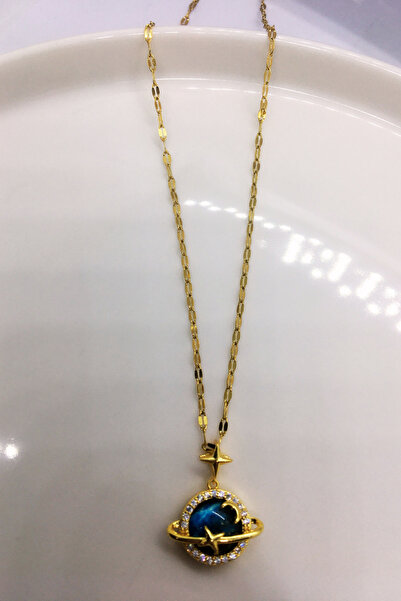 shop Kararmaz Gold Çelik Ay Yıldız Figür Gezegen Kolye, Satürn Şık Kolye,arka...