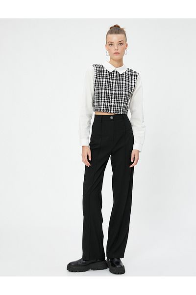 Koton Fabric Trousers Straight Leg Ribbed Pocket Detailed